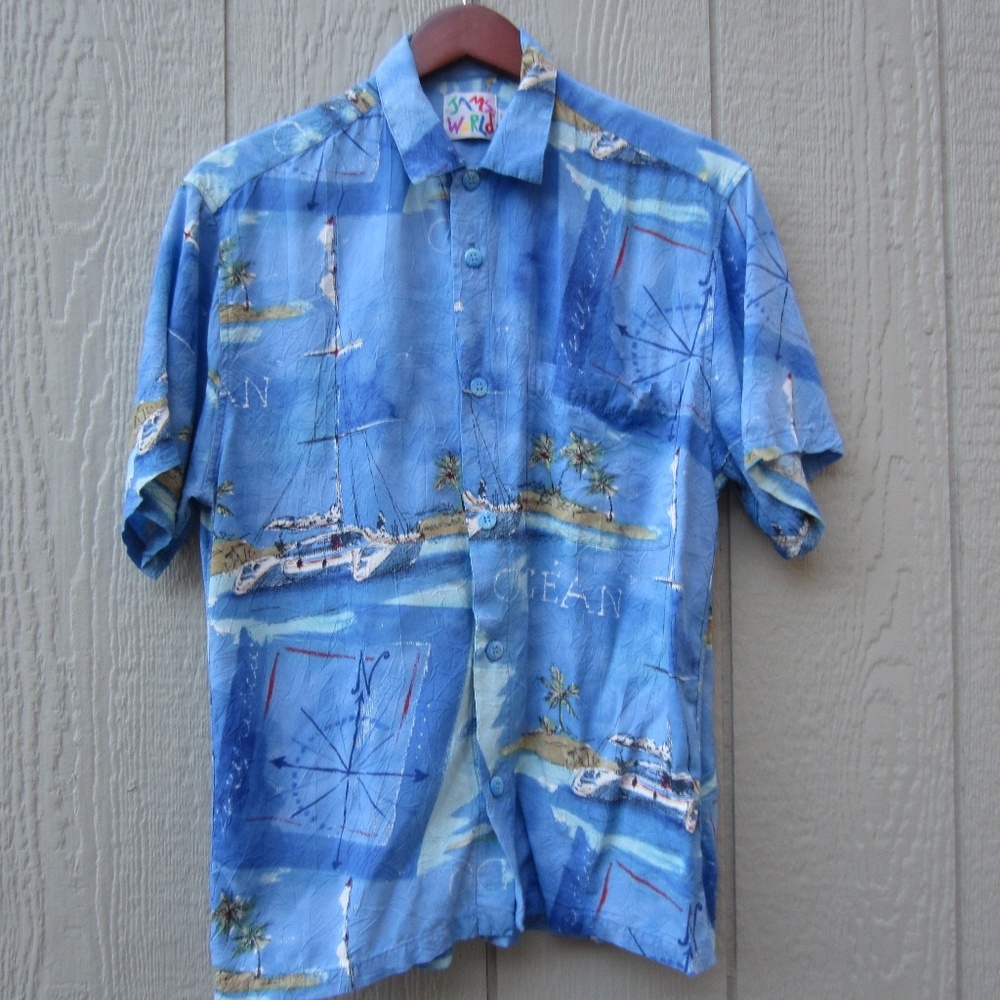 VTG Jams World Shirts Mens Small Blue Sea Hawaiian Catamaran Print island Life